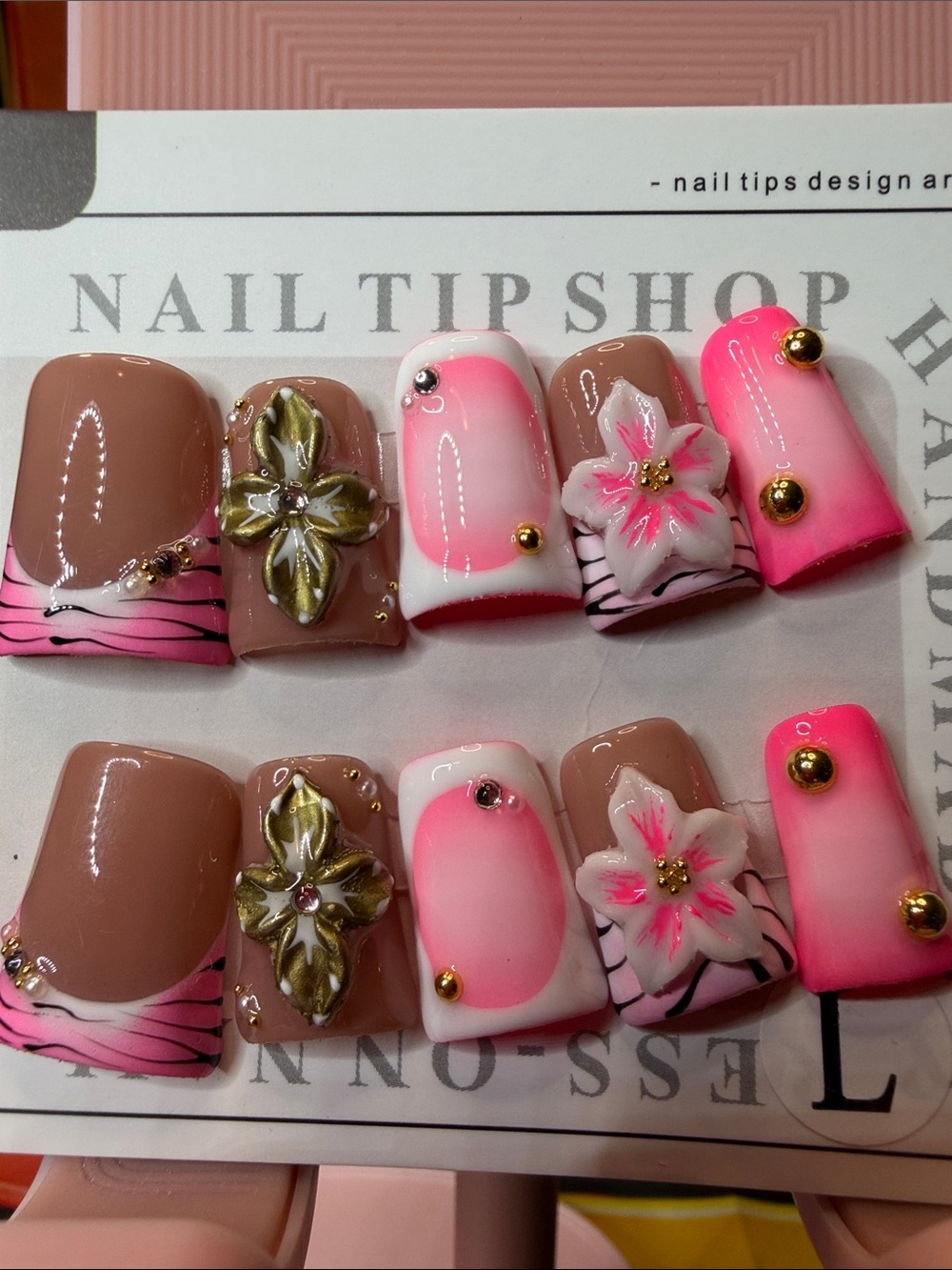 Duck Nail Pink & Nude Floral 3D Accent Press-On Nails with Gold Studs